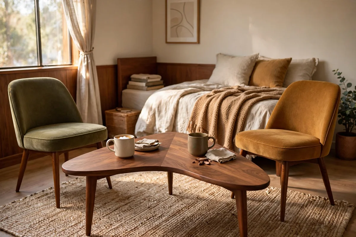 Boomerang-shaped walnut coffee table in a mid-century bedroom sitting nook