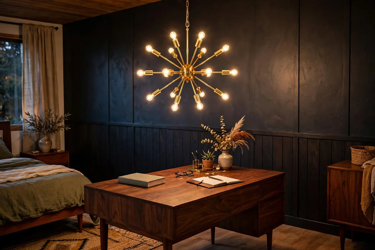 Starburst pendant light with brass arms hanging over a walnut desk