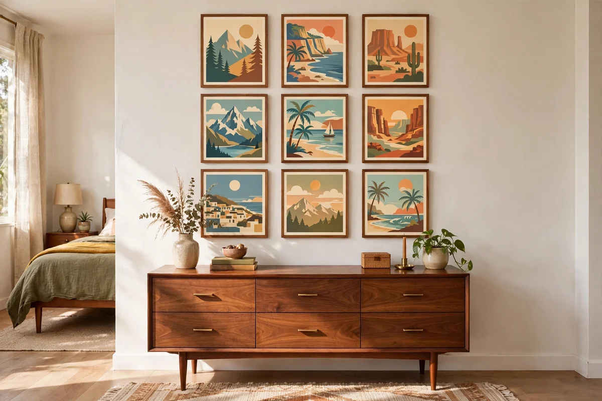 Gallery wall of framed vintage travel posters above a walnut dresser