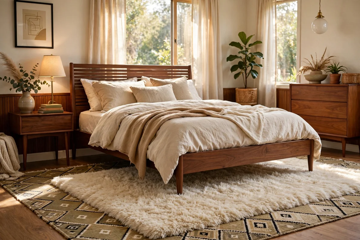 Cream shag rug layered over a flatweave rug under a walnut bed