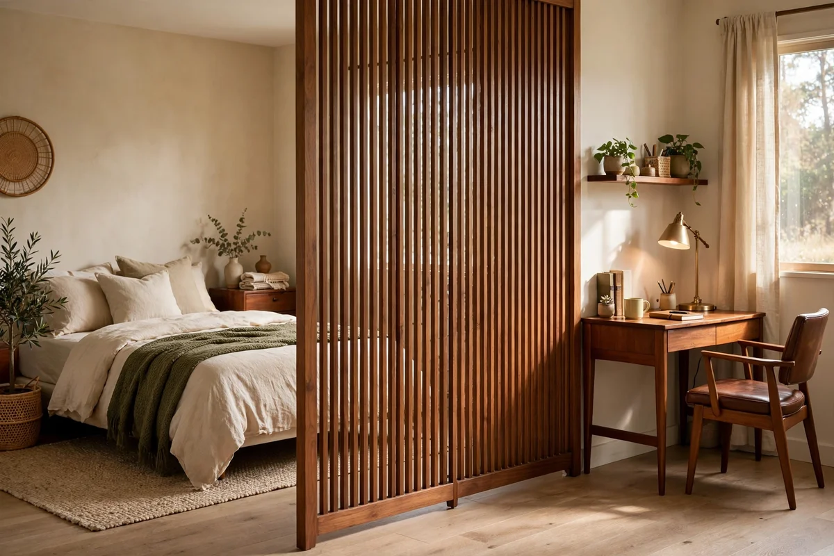 Walnut slatted room divider screen separating bedroom zones