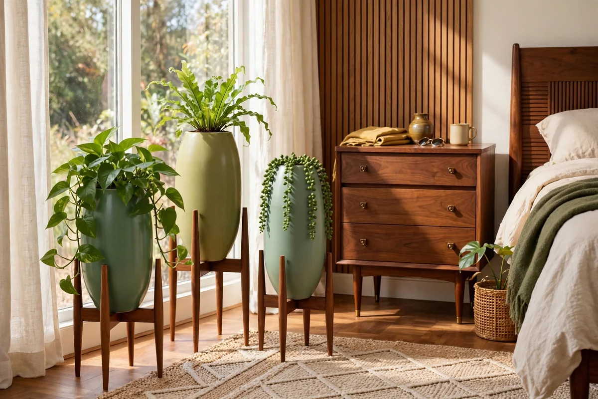 Houseplants in retro bullet planters on wooden stands in a bedroom corner