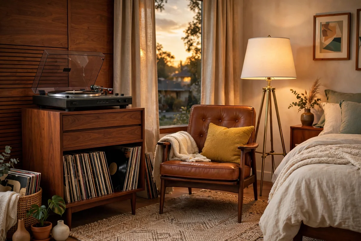 Cozy vinyl listening corner with record cabinet chair and lamp in a bedroom