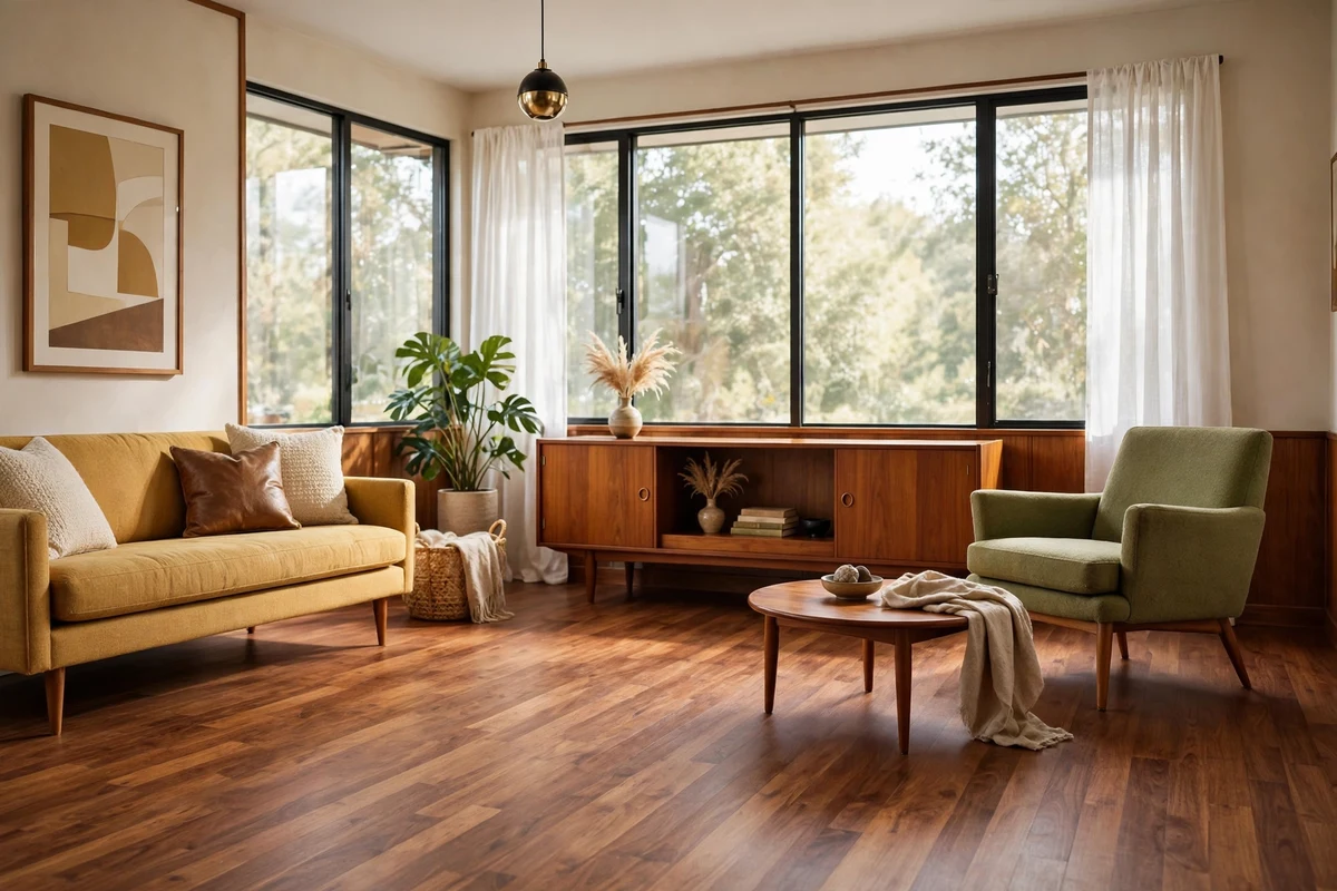 Mid-century modern living room with warm walnut hardwood floors and low teak furniture