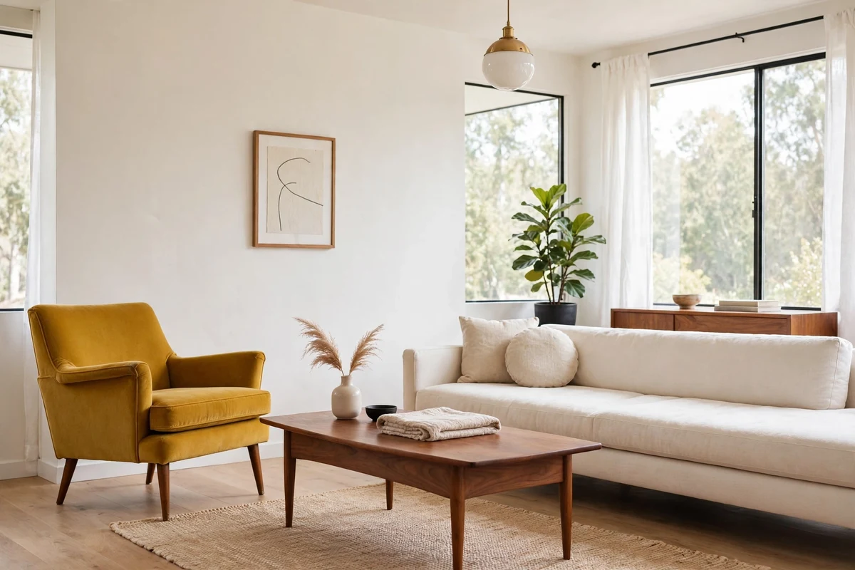 Bright mid-century modern living room with warm white walls and wooden furniture