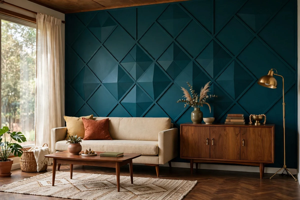 Mid-century modern living room with a teal geometric accent wall behind the sofa