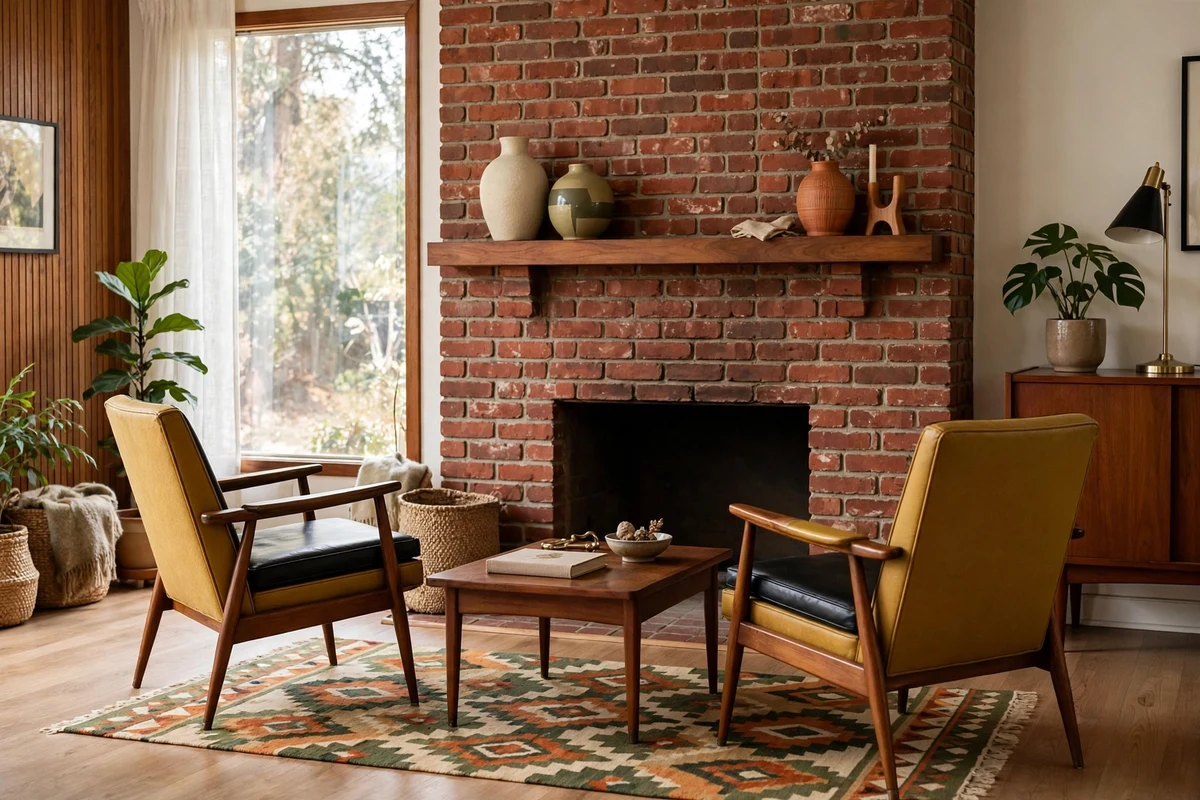 Mid-century modern living room with a red brick fireplace and wooden mantel