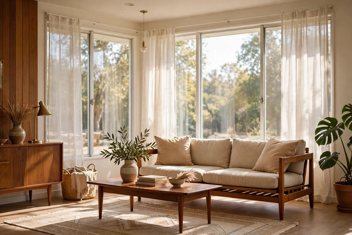 Sunlit mid-century modern living room with large windows and slim trim