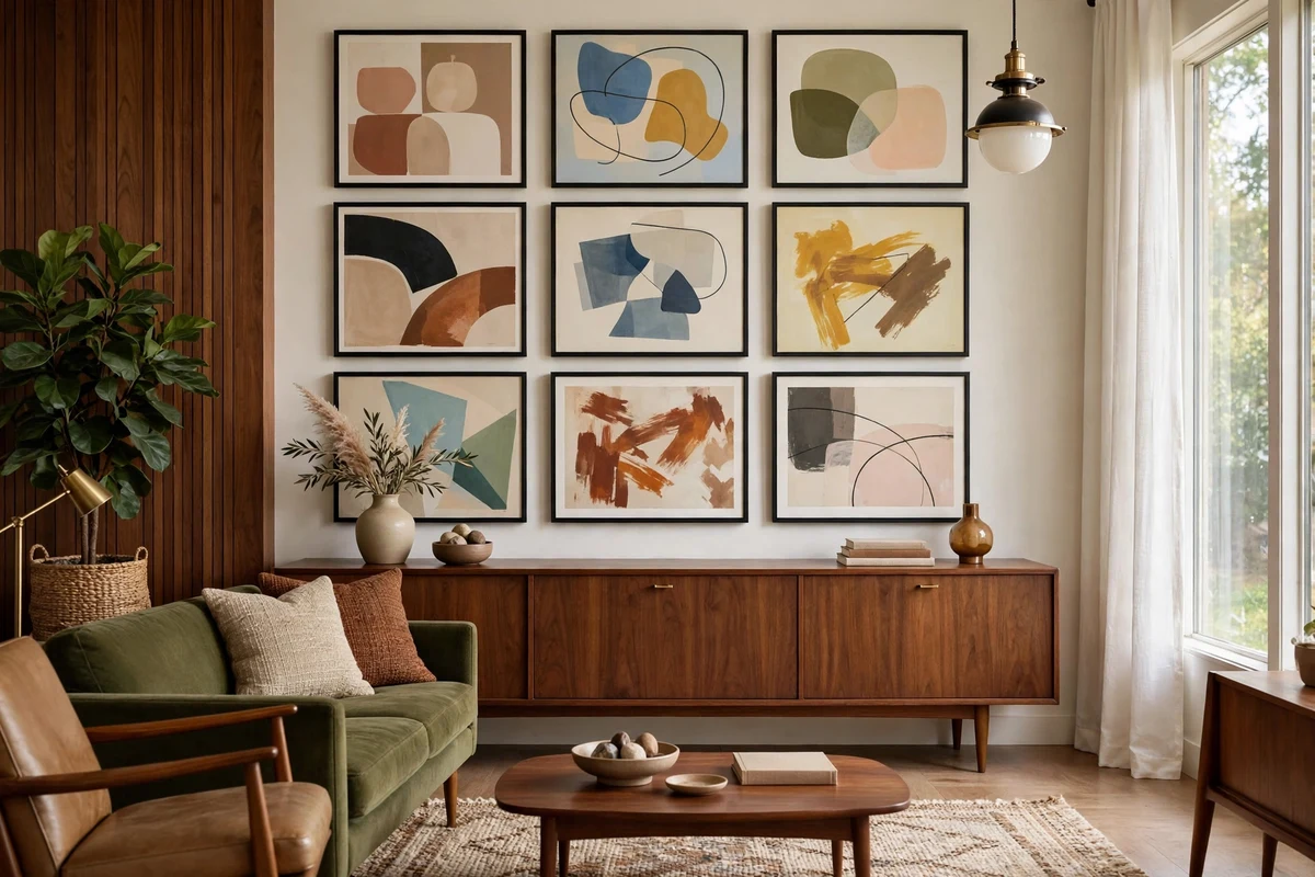 Mid-century modern living room with abstract art prints in thin black frames