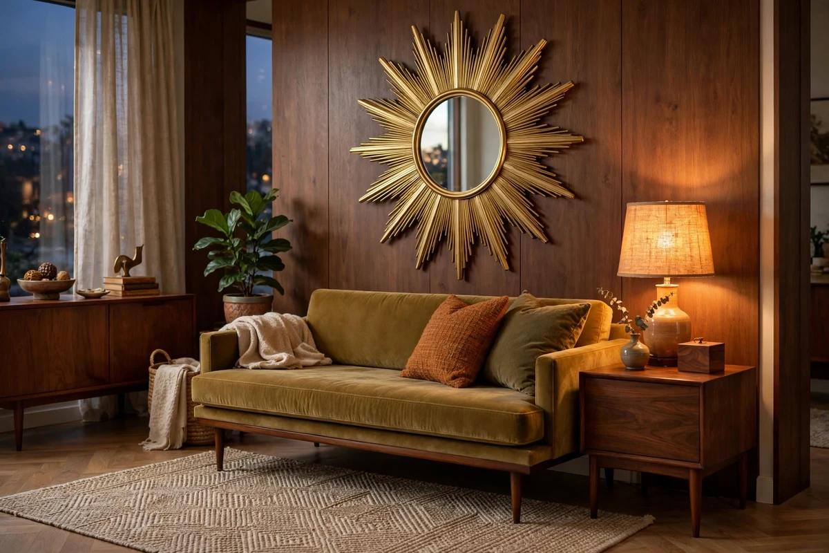 Gold sunburst mirror hanging over a mid-century modern sofa
