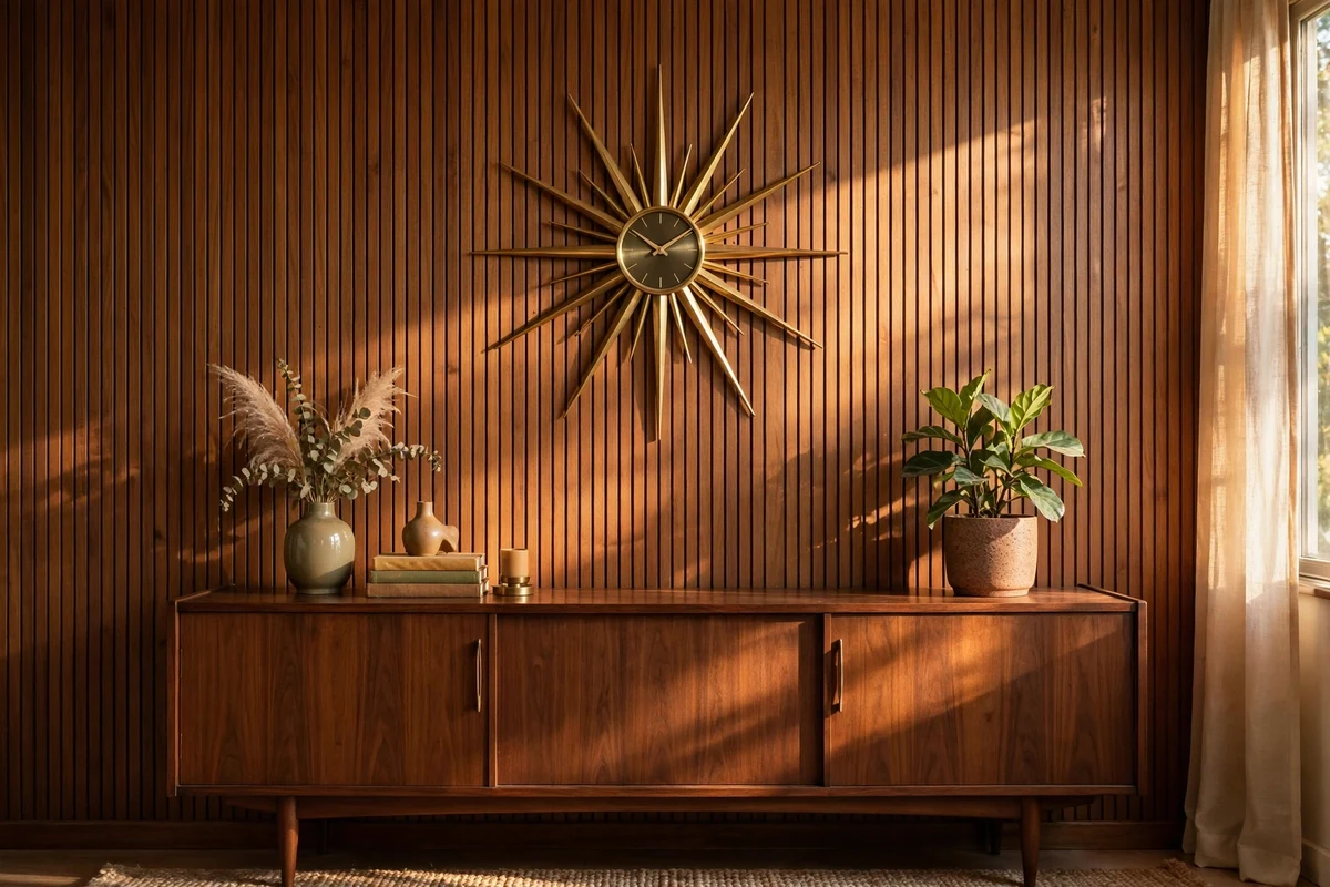 Starburst wall clock with brass rays on a white living room wall