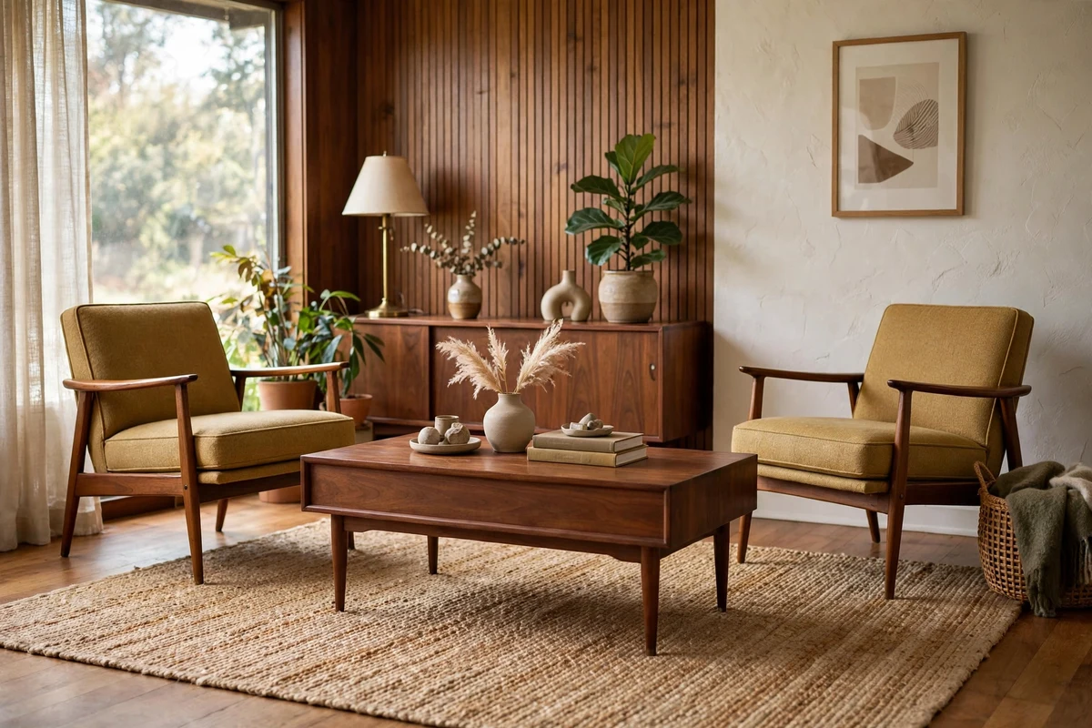 Mid-century modern seating area anchored by a natural woven jute rug