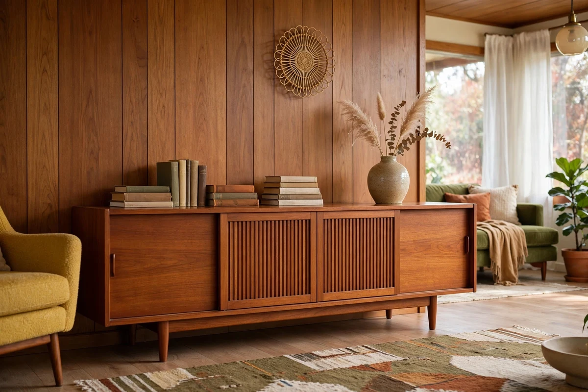 Long teak credenza with sliding doors used as a media console in a living room