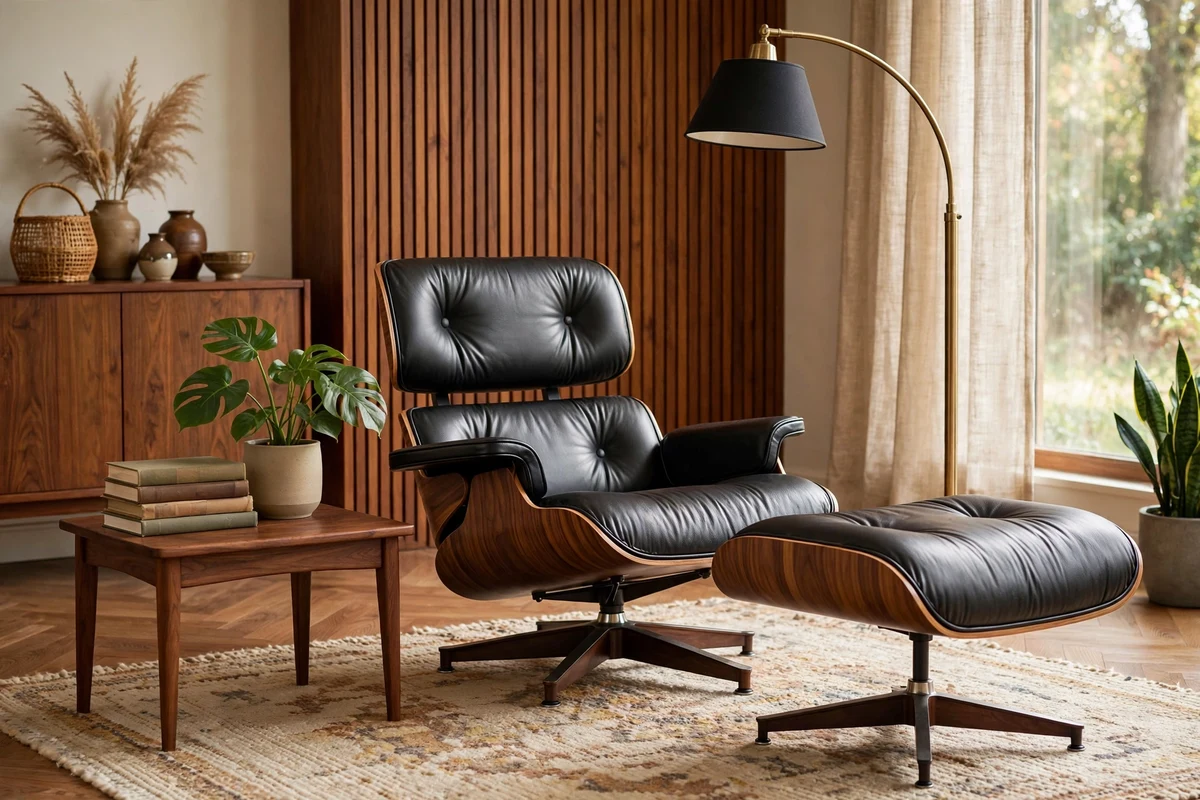 Black leather Eames-style lounge chair and ottoman in a mid-century living room corner