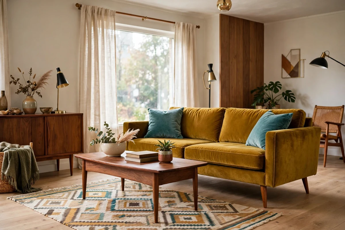 Mustard velvet mid-century sofa with tapered wooden legs in a bright living room