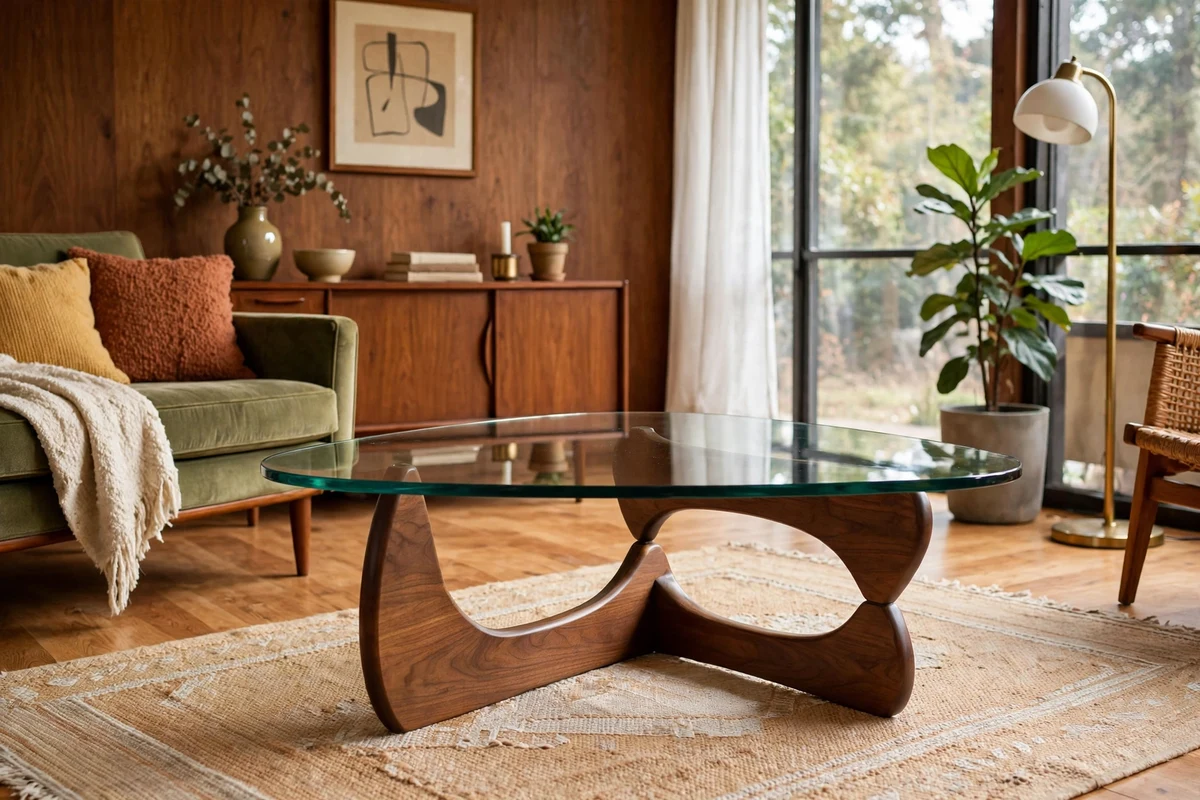 Sculptural Noguchi-style coffee table with glass top and curved wooden base