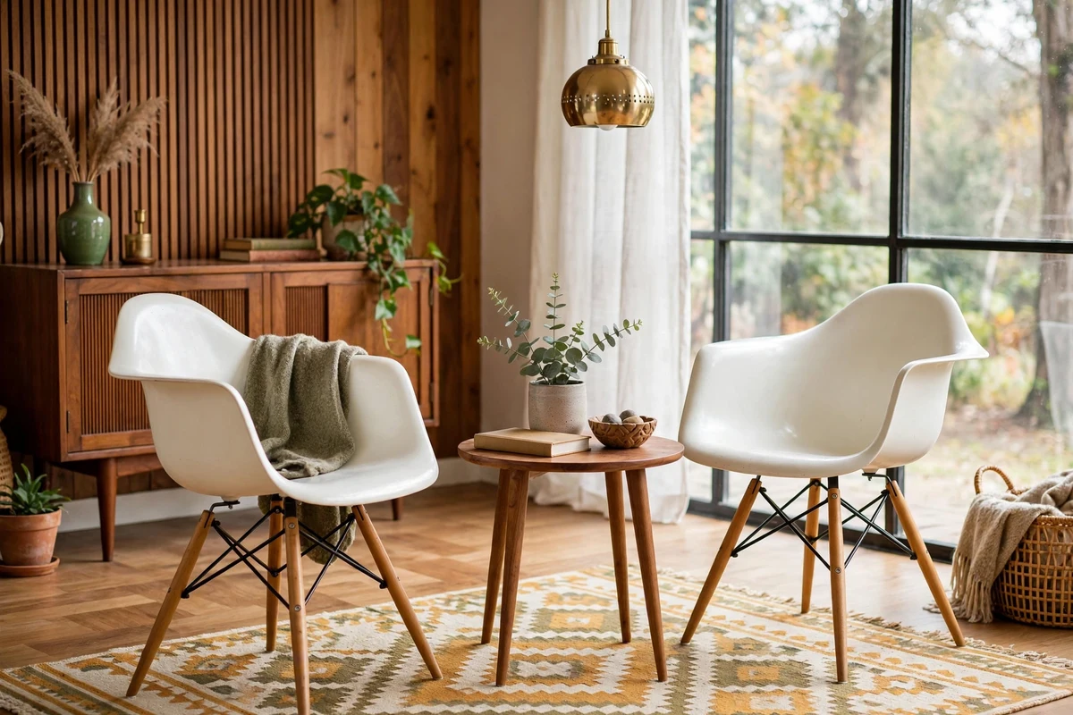 Pair of white molded plastic armchairs with wooden dowel legs in a living room