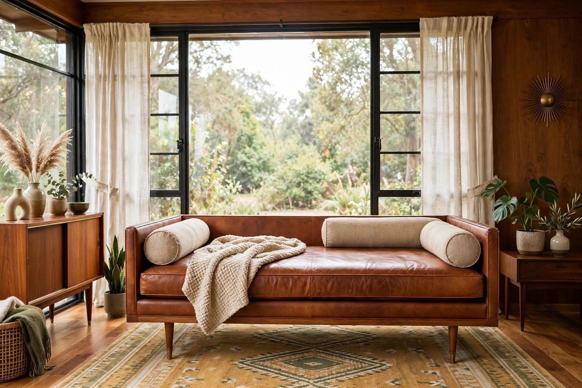 Cognac leather daybed with bolster pillows styled as a lounge spot