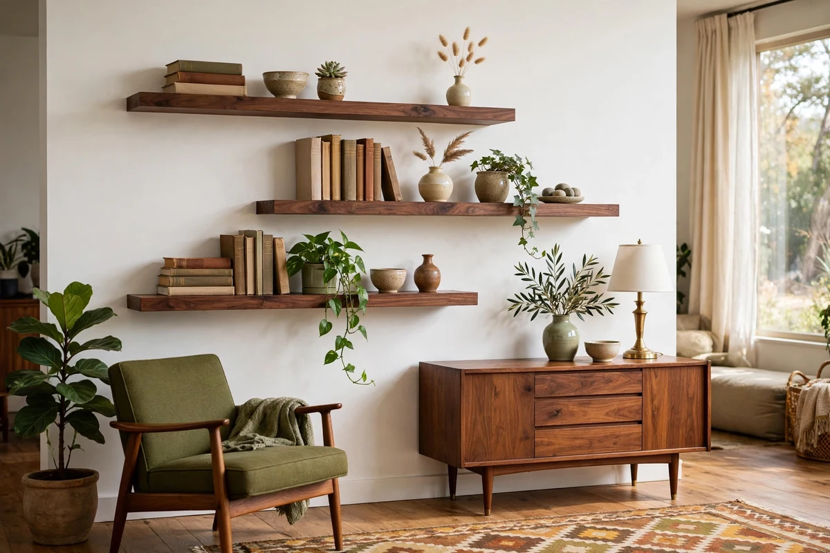 Floating walnut shelves displaying books ceramics and plants on a white wall