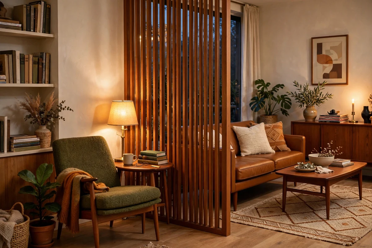 Mid-century teak slatted room divider separating living and dining areas