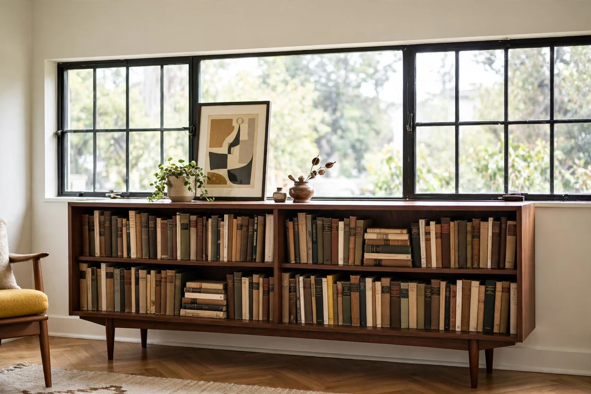 Low walnut bookcase filled with books under a living room window