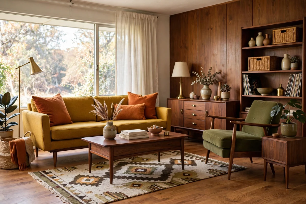 Mid-century living room with mustard sofa olive chairs and burnt orange accents