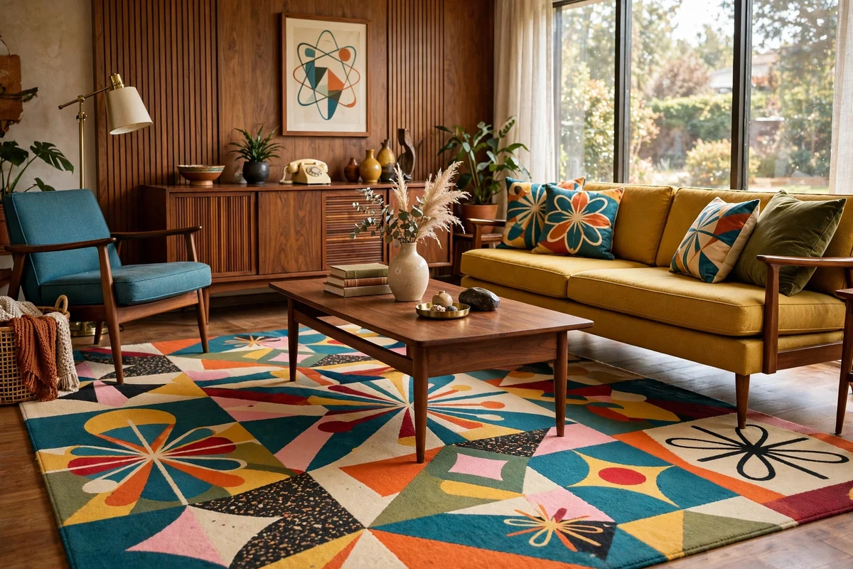 Colorful atomic-age geometric patterned rug under a mid-century coffee table