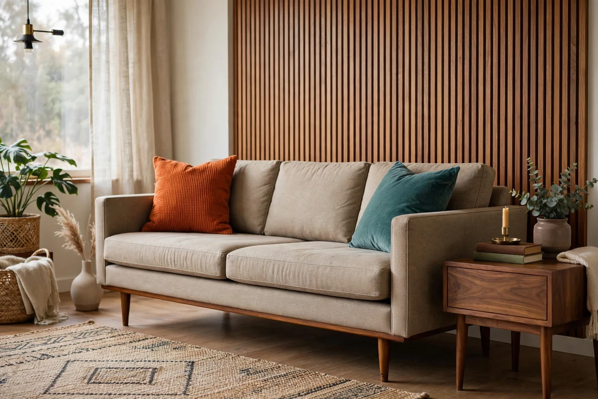 Mid-century sofa styled with burnt orange and teal throw pillows
