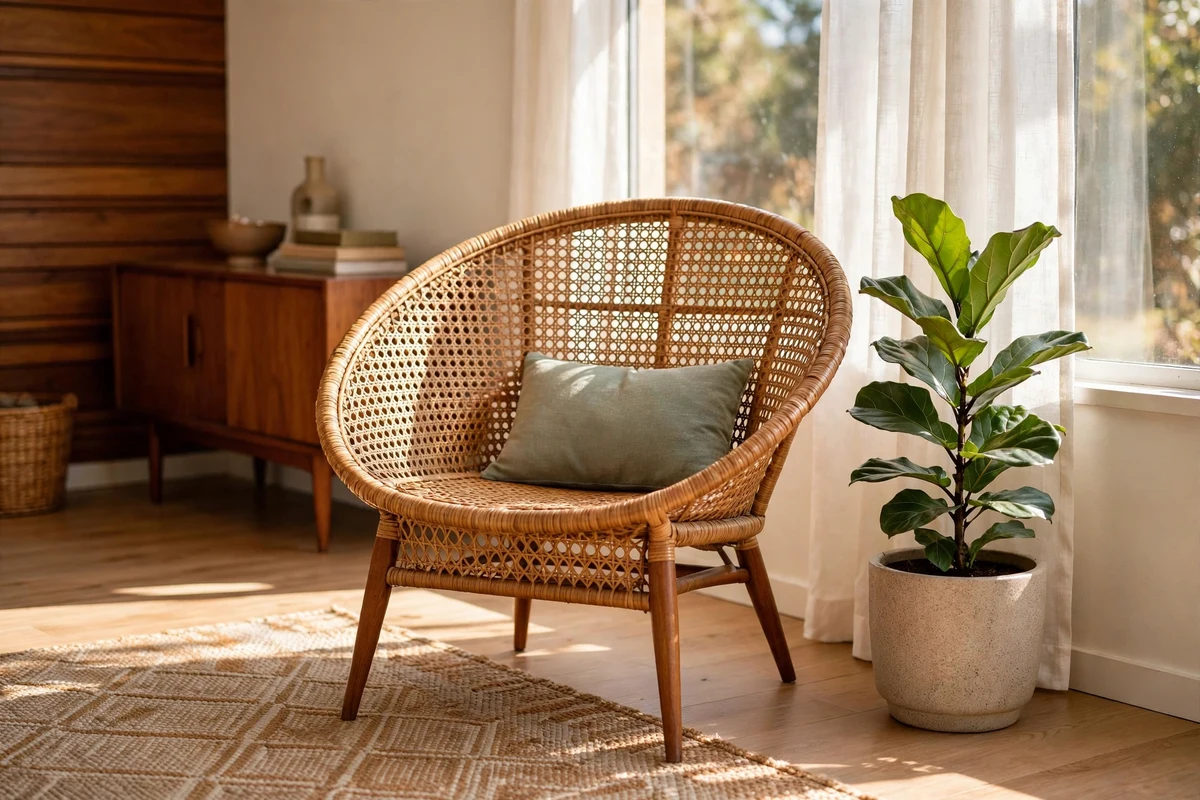 Woven rattan peacock accent chair in a sunny mid-century living room corner