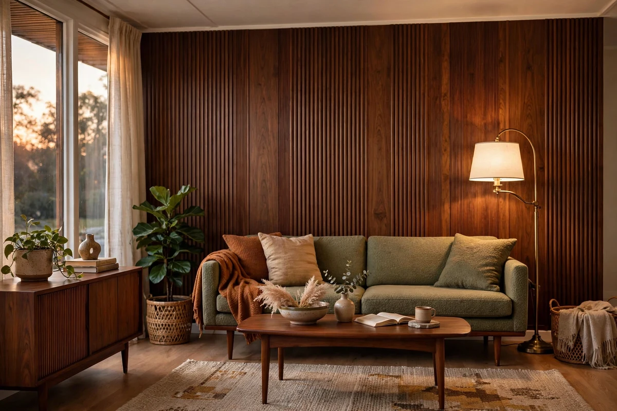 Mid-century living room with fluted walnut wood wall paneling behind the sofa