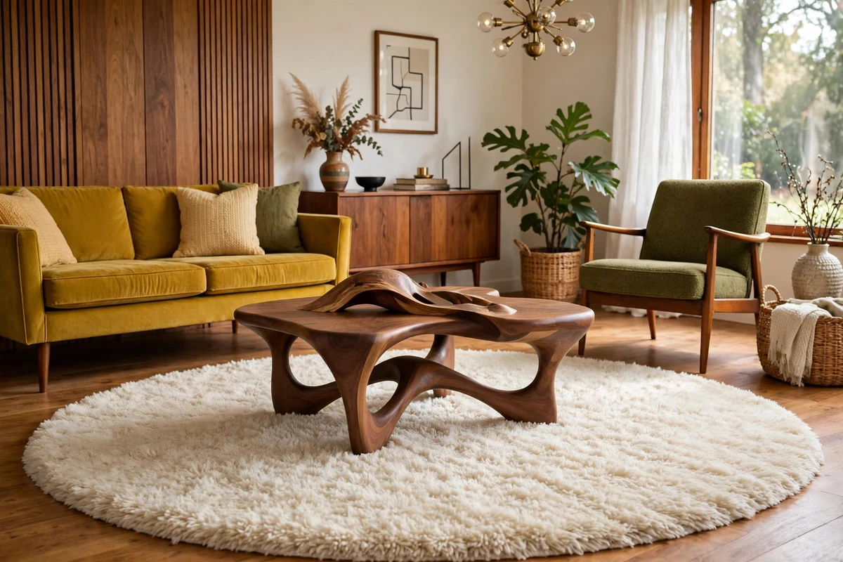 Cream round shag rug under a sculptural mid-century coffee table