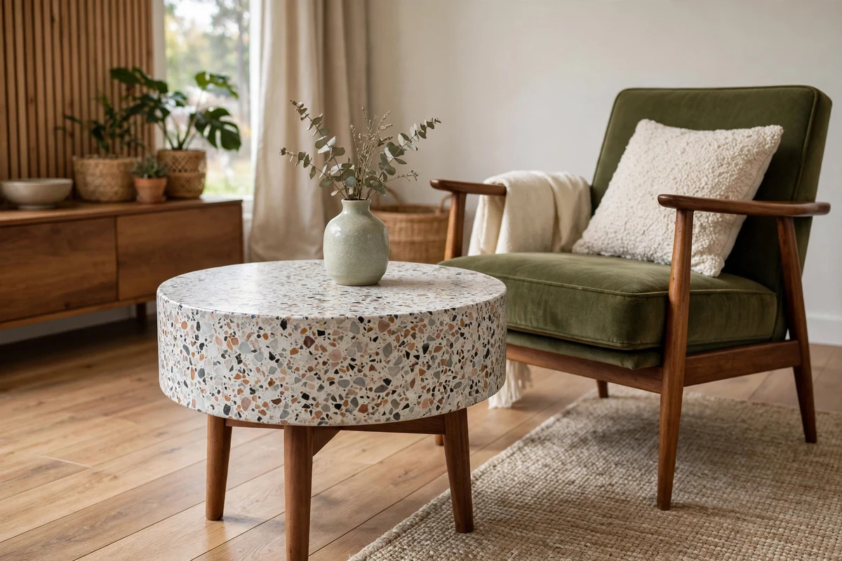 Round terrazzo side table with speckled stone top beside a mid-century armchair