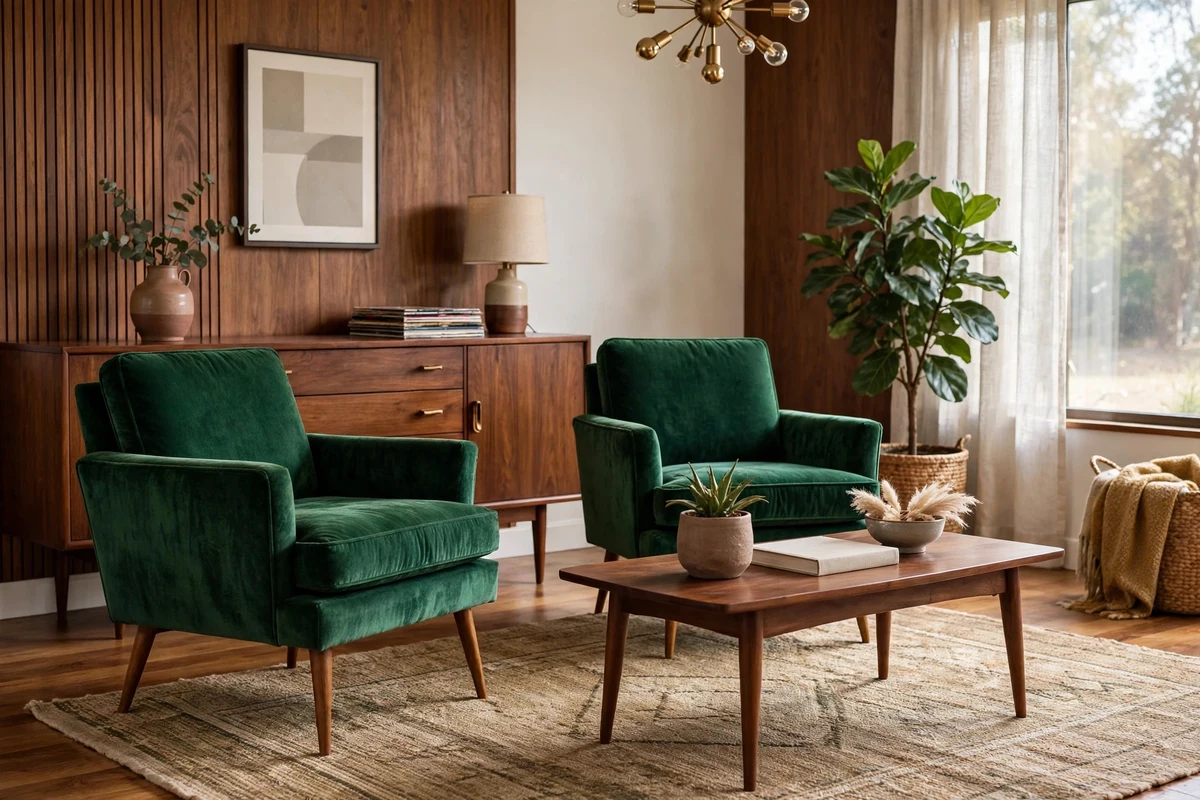 Emerald green velvet armchairs in a mid-century modern living room