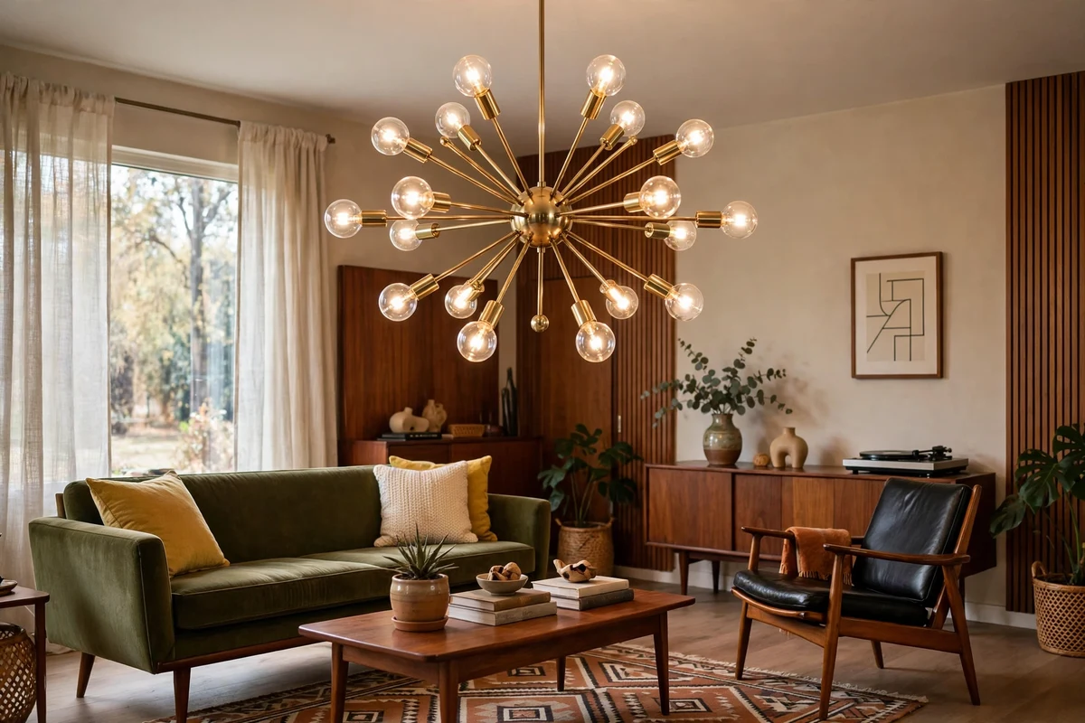 Brass sputnik chandelier with radiating arms hanging in a mid-century living room