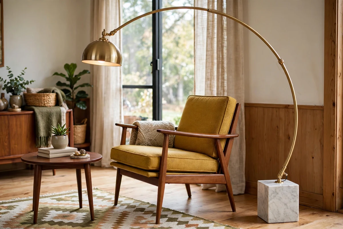 Arched brass floor lamp curving over a mid-century reading chair