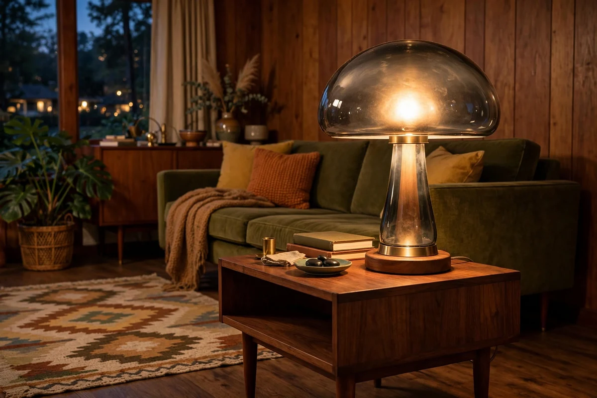 Smoked glass mushroom table lamp glowing on a walnut side table