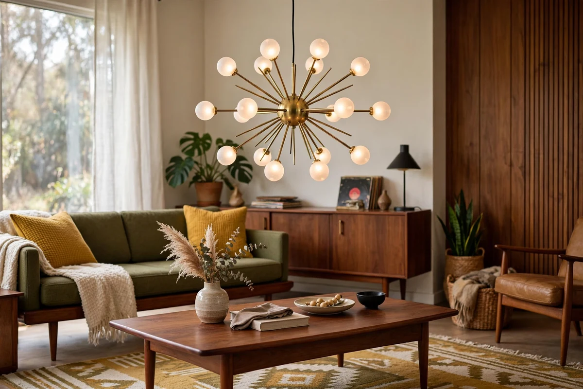 Starburst pendant light with glass globes hanging over a coffee table