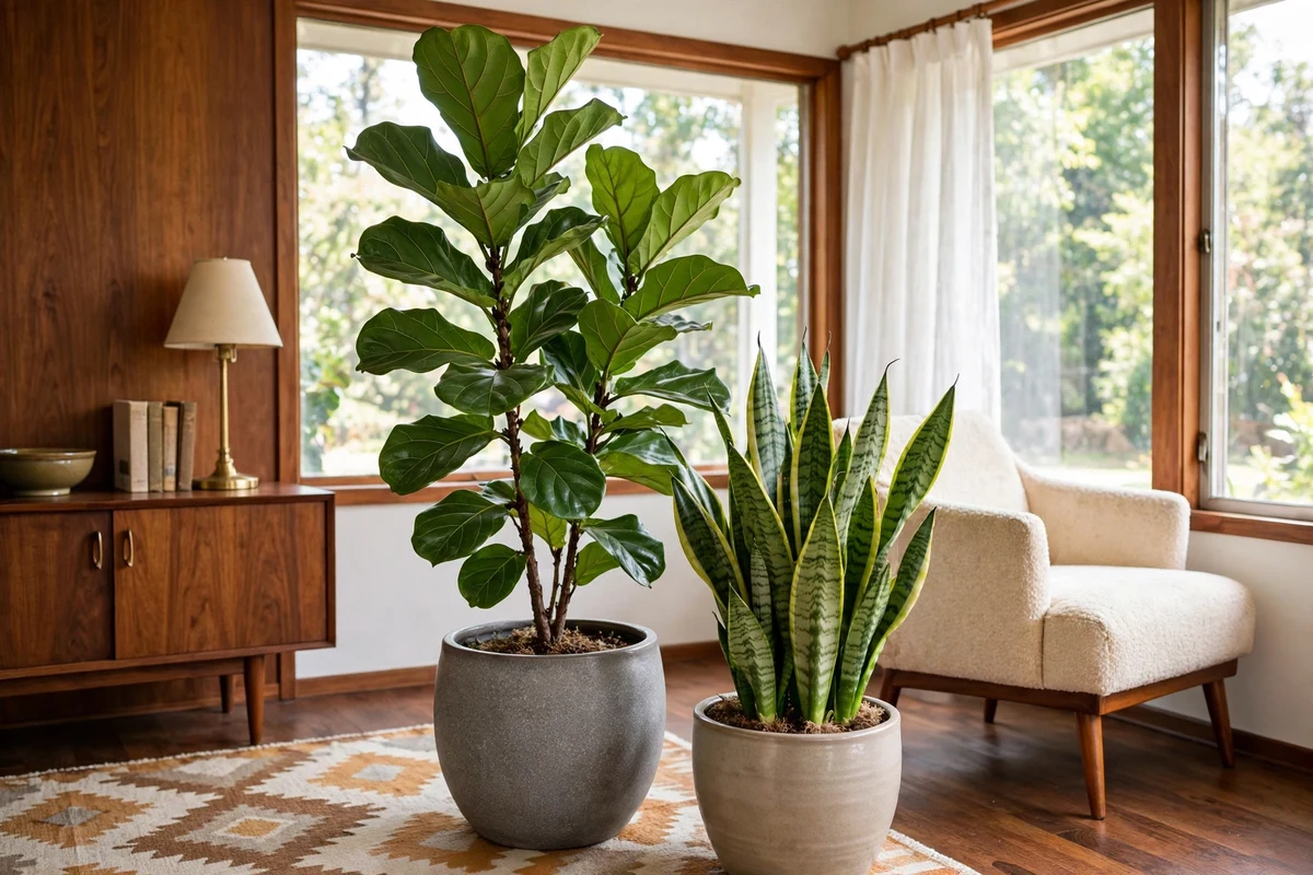 Tall fiddle-leaf fig and snake plant in ceramic pots in a mid-century living room