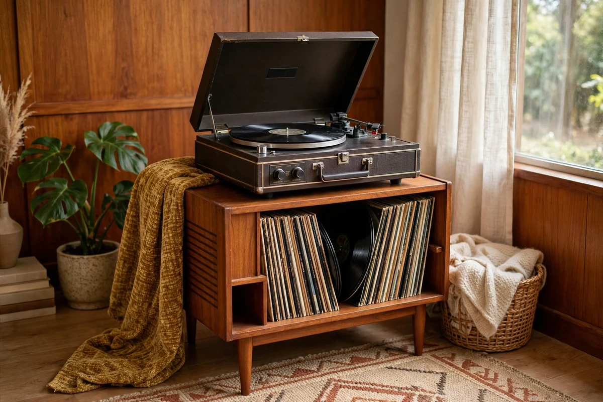 Vintage-style record player on a teak stand with vinyl records in a living room