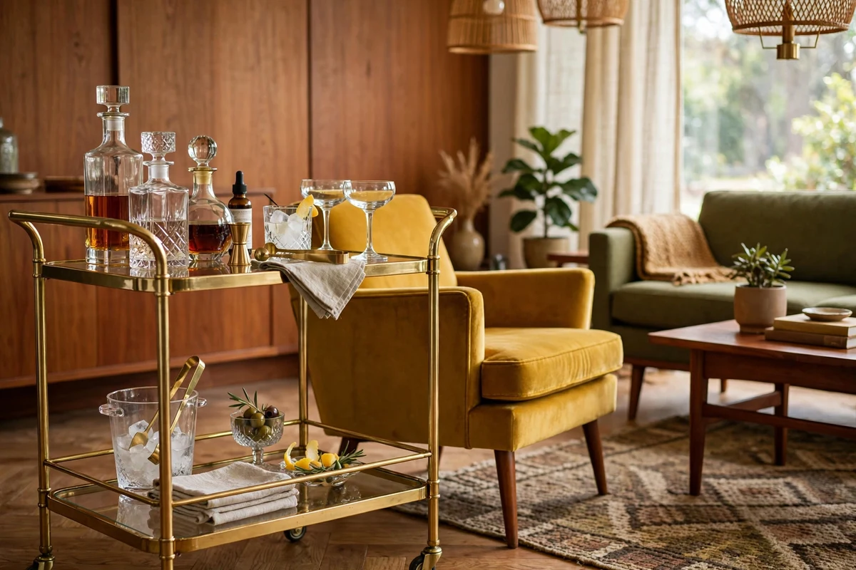 Brass bar cart with glass shelves styled with decanters and cocktail glasses