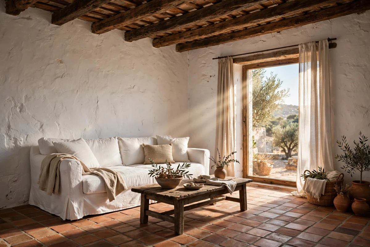 Mediterranean living room with whitewashed plaster walls and terracotta floors
