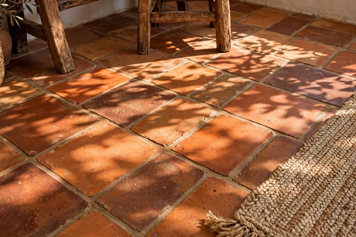 Handmade terracotta tile flooring in a sunlit Mediterranean living room