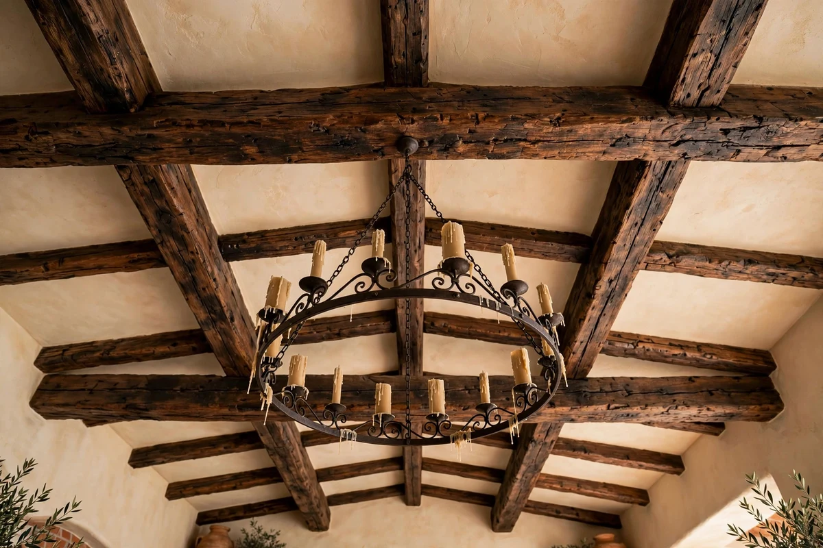 Exposed dark wood ceiling beams in a Mediterranean living room