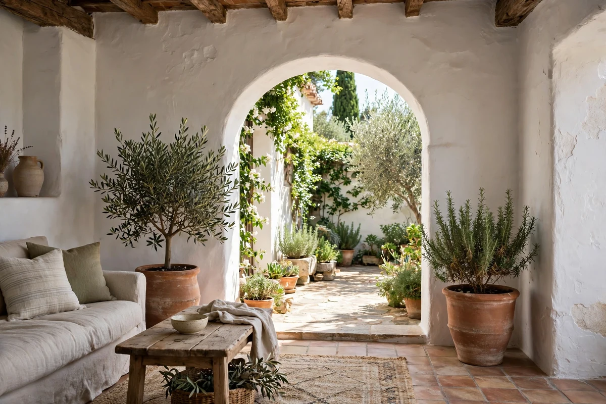 Arched doorway in whitewashed walls of a Mediterranean living room