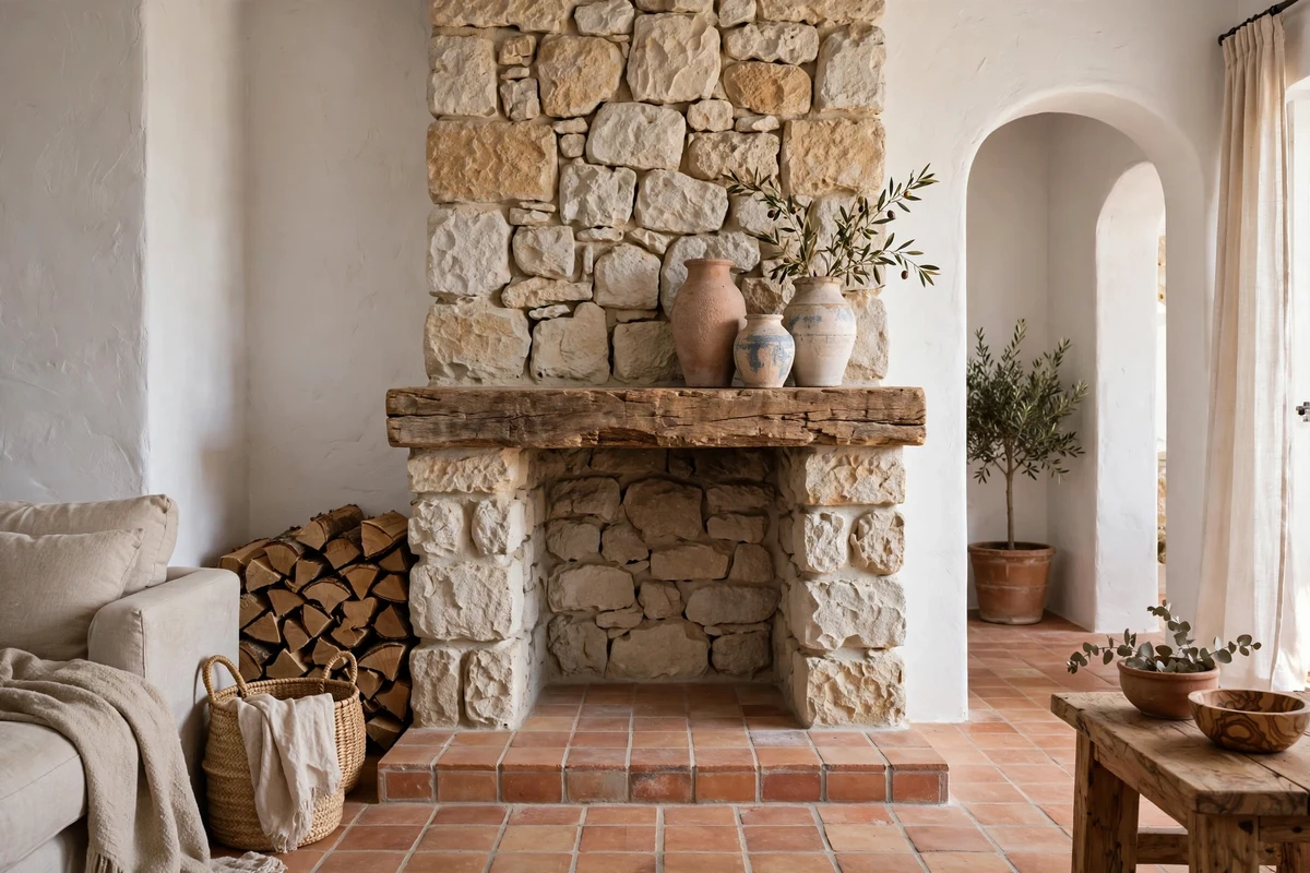 Rough-cut limestone fireplace in a Mediterranean living room