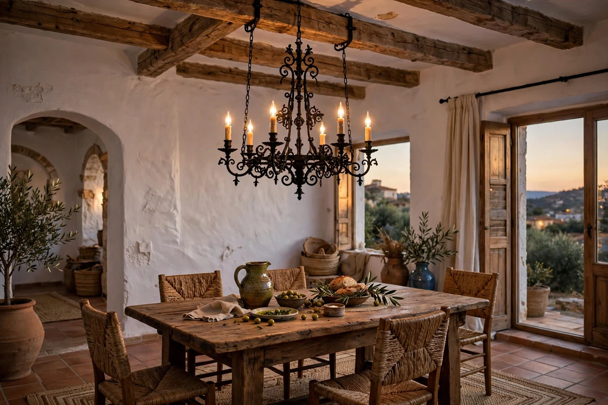 Wrought iron chandelier hanging in a Mediterranean living room