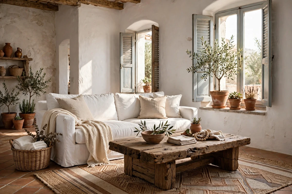 Reclaimed rustic wood coffee table in a Mediterranean living room