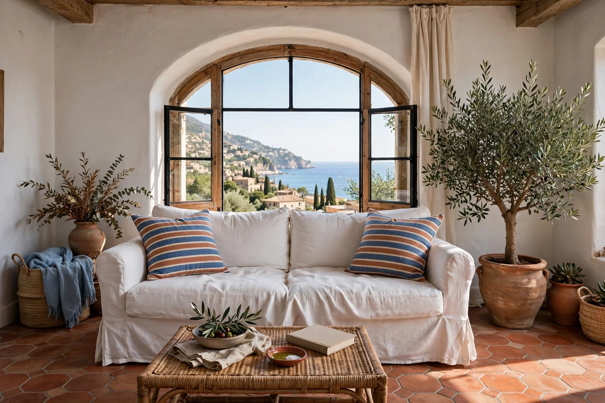 White linen slipcovered sofa in a Mediterranean living room