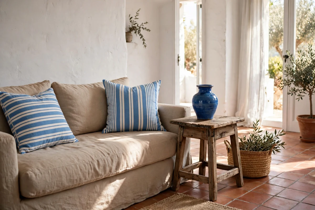 Azure blue accent pillows in a Mediterranean living room