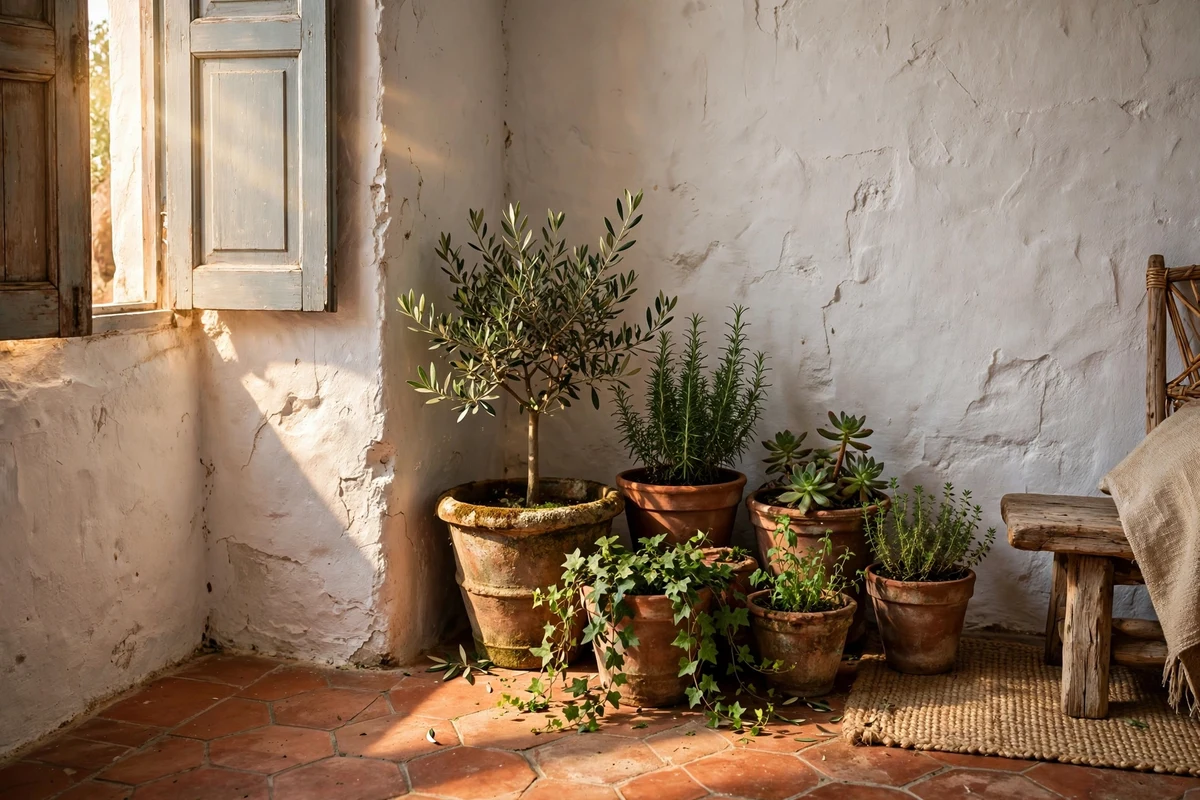 Cluster of aged terracotta pots in a Mediterranean living room